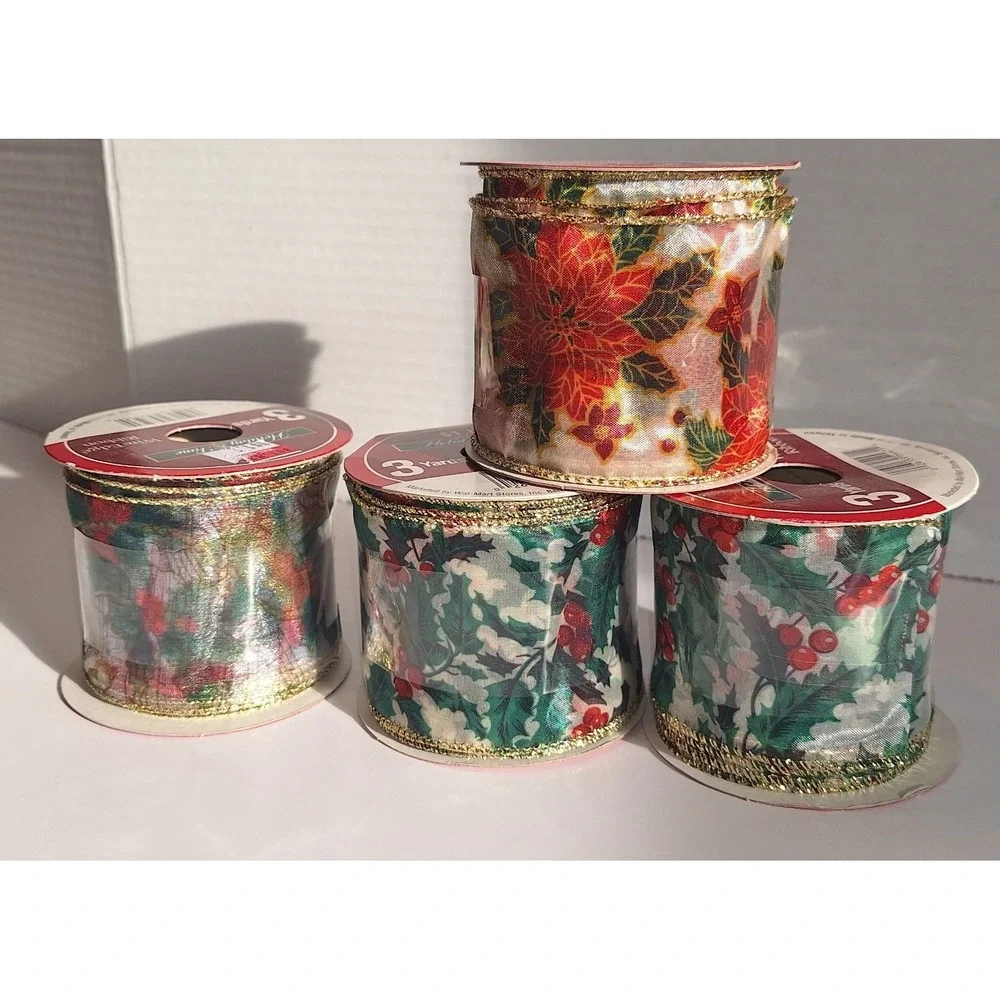 Mixed lot of 4 rolls holiday Time wired xmas ribbon 2.5 inch x 9 feet each‎